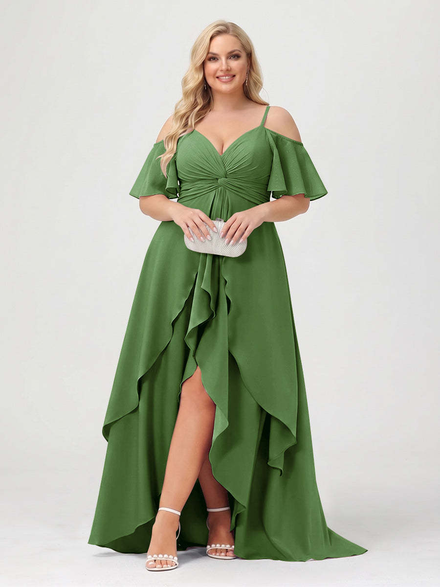 A-Line/Princess Spaghetti Straps Half Sleeves V-Neck Plus Size Bridesmaid Dresses With Ruffles