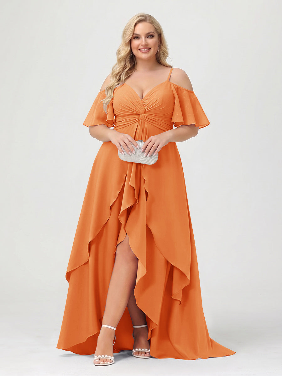 A-Line/Princess Spaghetti Straps Half Sleeves V-Neck Plus Size Bridesmaid Dresses With Ruffles