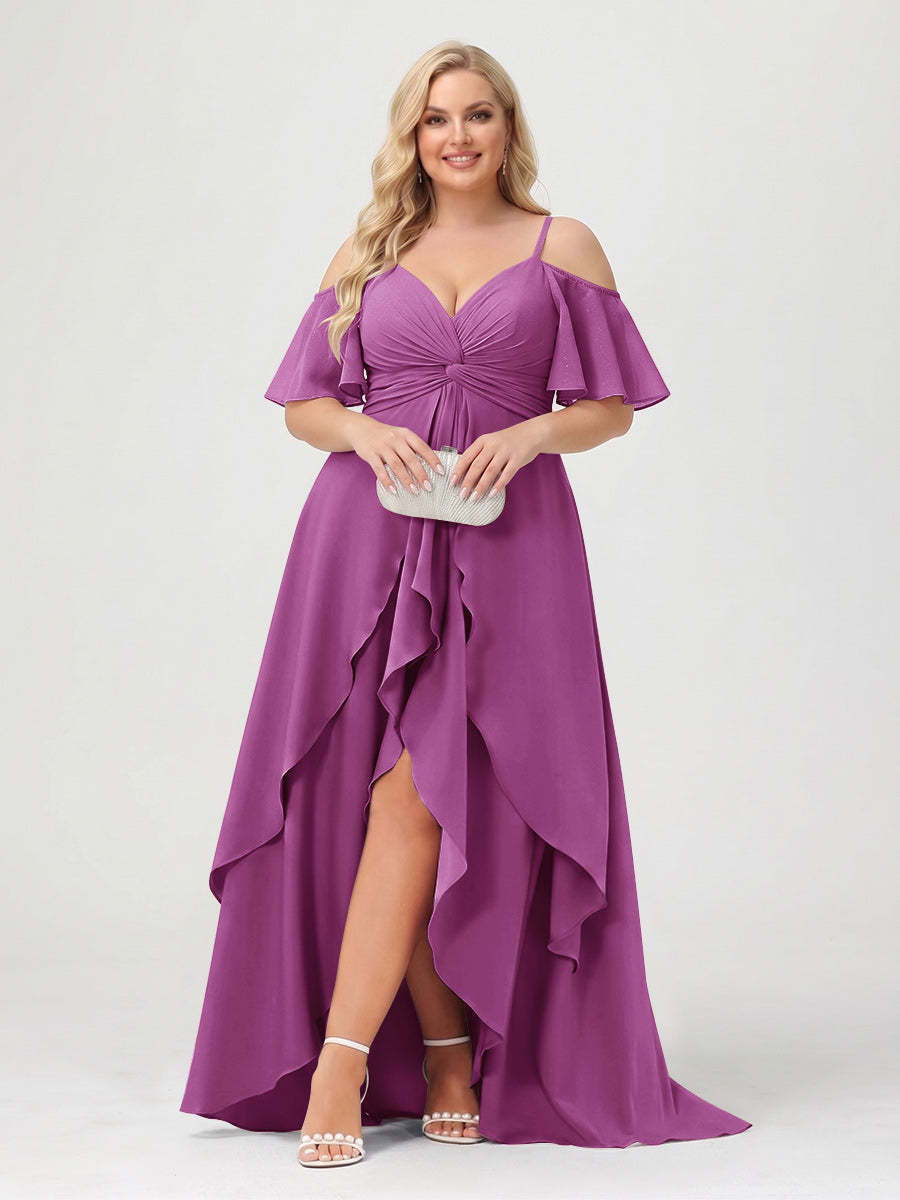 A-Line/Princess Spaghetti Straps Half Sleeves V-Neck Plus Size Bridesmaid Dresses With Ruffles