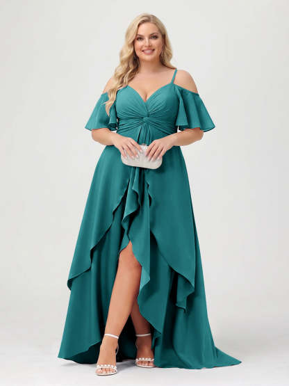 A-Line/Princess Spaghetti Straps Half Sleeves V-Neck Plus Size Bridesmaid Dresses With Ruffles