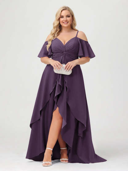 A-Line/Princess Spaghetti Straps Half Sleeves V-Neck Plus Size Bridesmaid Dresses With Ruffles