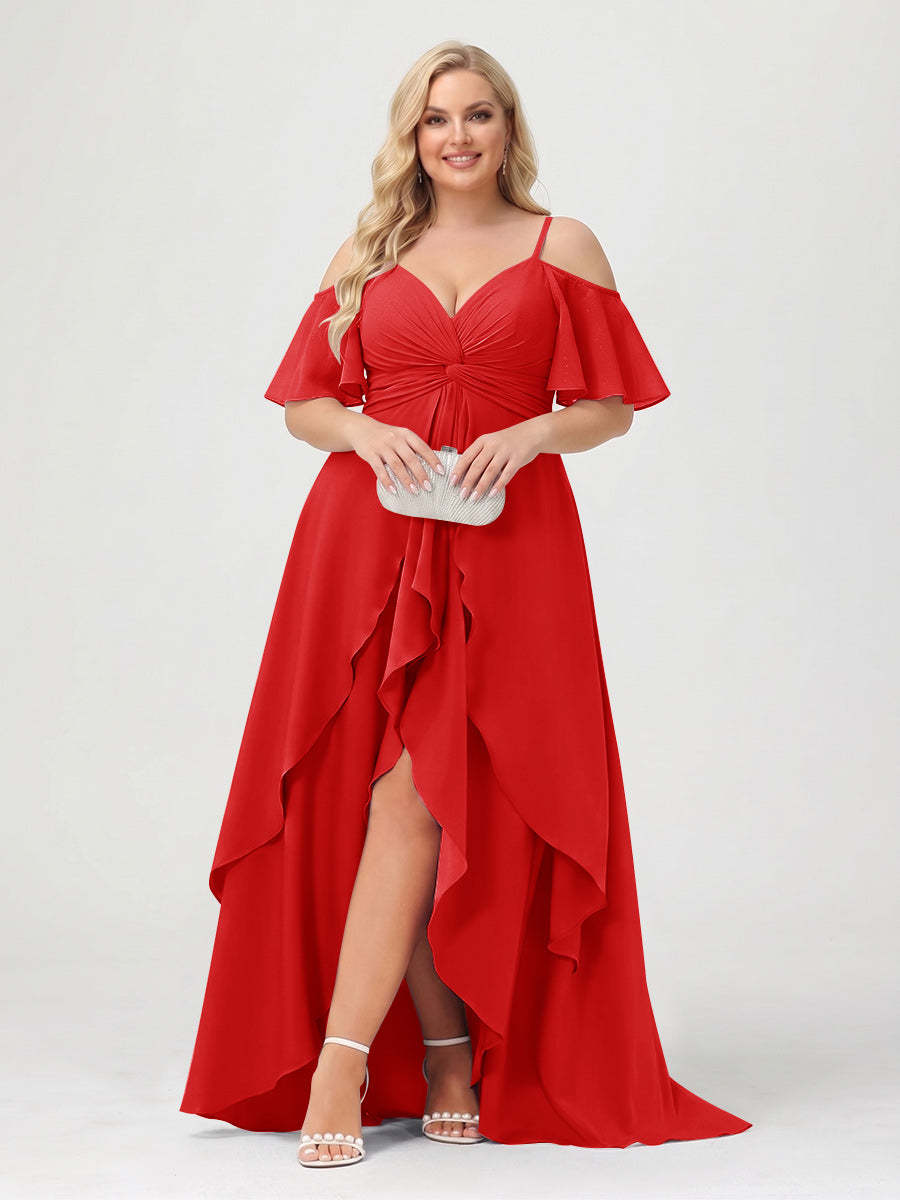 A-Line/Princess Spaghetti Straps Half Sleeves V-Neck Plus Size Bridesmaid Dresses With Ruffles