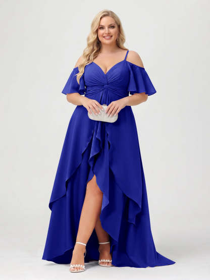 A-Line/Princess Spaghetti Straps Half Sleeves V-Neck Plus Size Bridesmaid Dresses With Ruffles