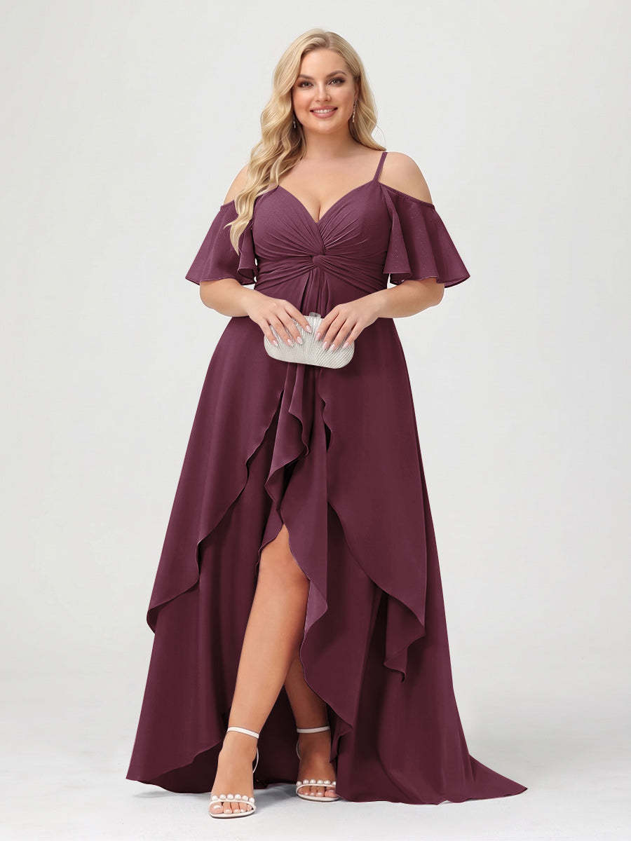 A-Line/Princess Spaghetti Straps Half Sleeves V-Neck Plus Size Bridesmaid Dresses With Ruffles