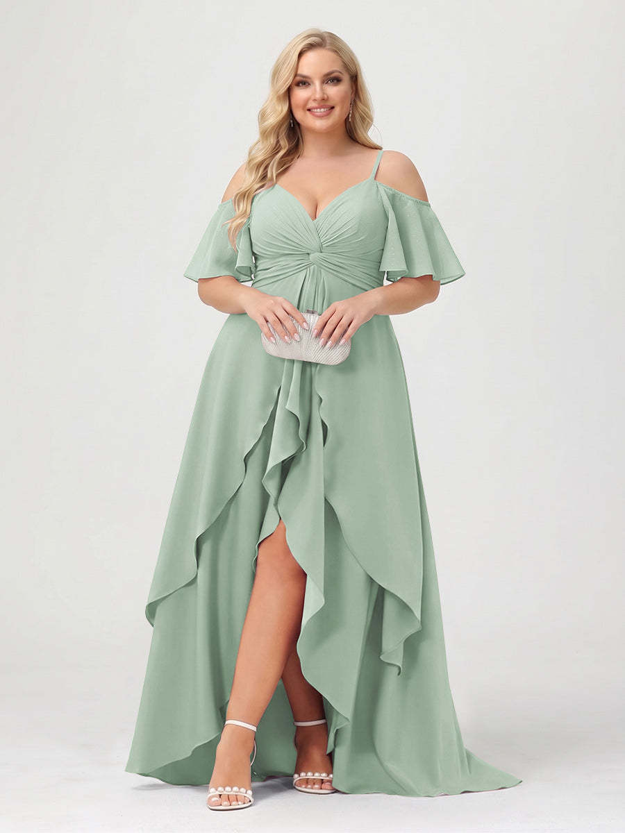 A-Line/Princess Spaghetti Straps Half Sleeves V-Neck Plus Size Bridesmaid Dresses With Ruffles