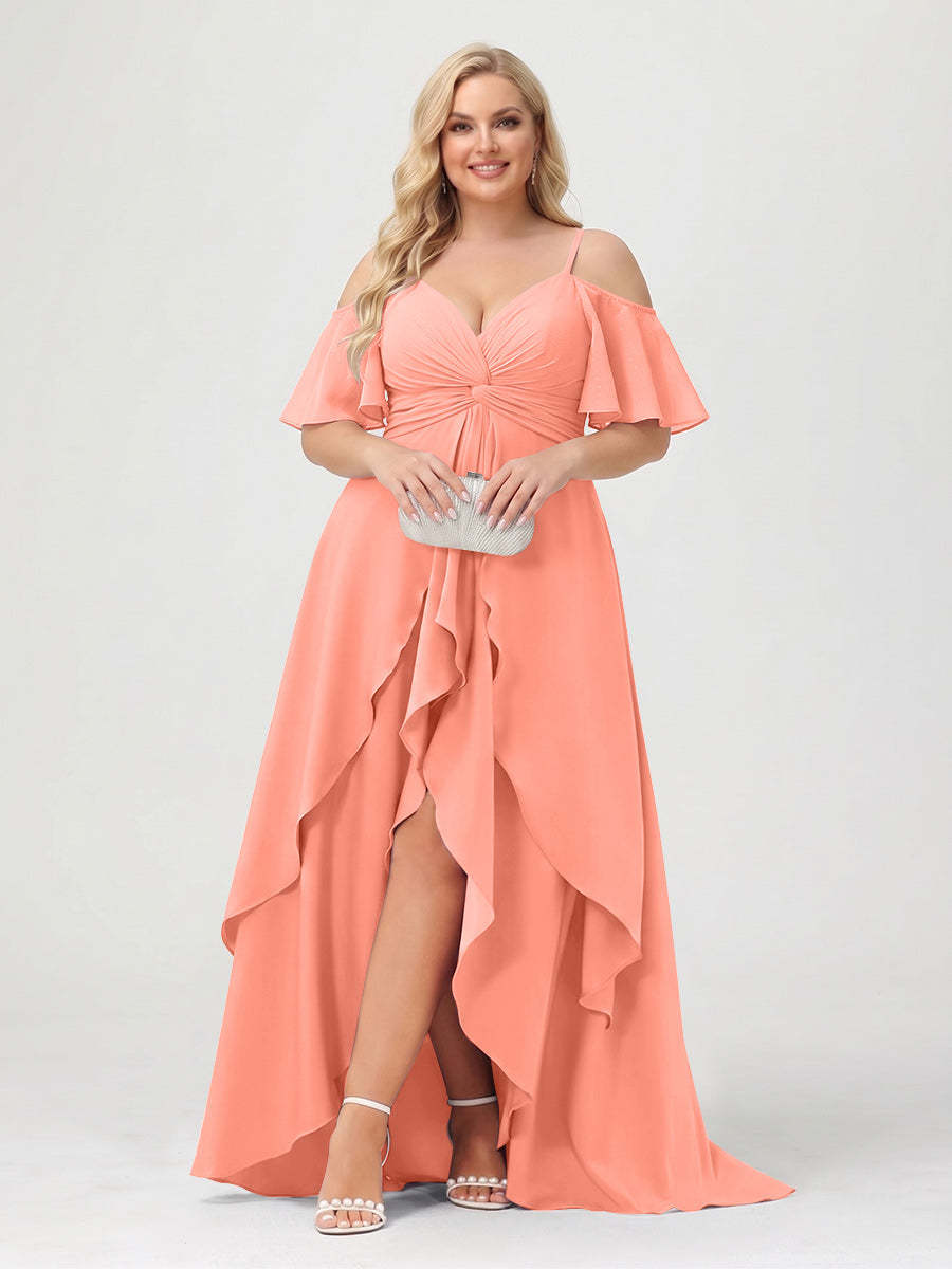 A-Line/Princess Spaghetti Straps Half Sleeves V-Neck Plus Size Bridesmaid Dresses With Ruffles