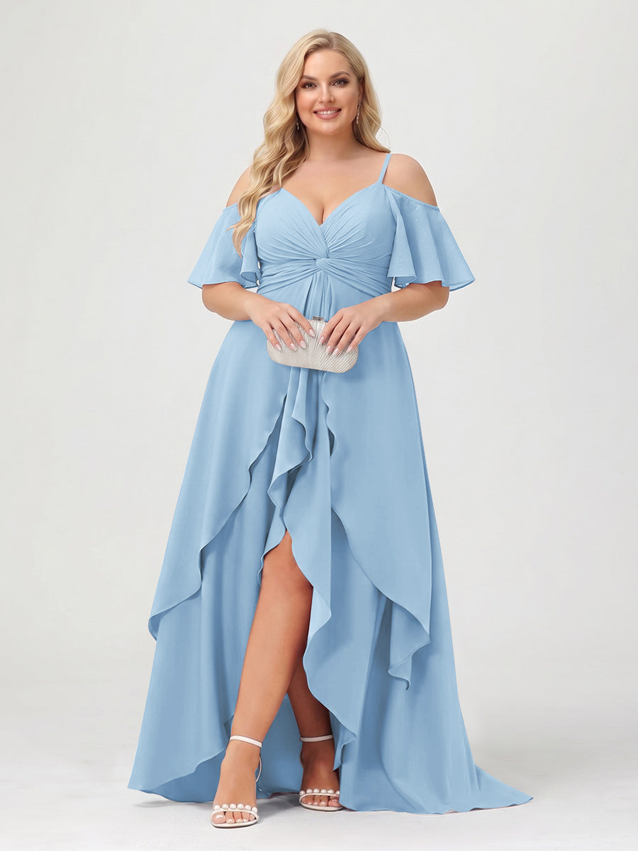 A-Line/Princess Spaghetti Straps Half Sleeves V-Neck Plus Size Bridesmaid Dresses With Ruffles