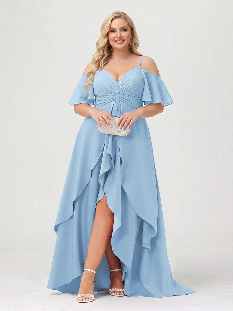 A-Line/Princess Spaghetti Straps Half Sleeves V-Neck Plus Size Bridesmaid Dresses With Ruffles