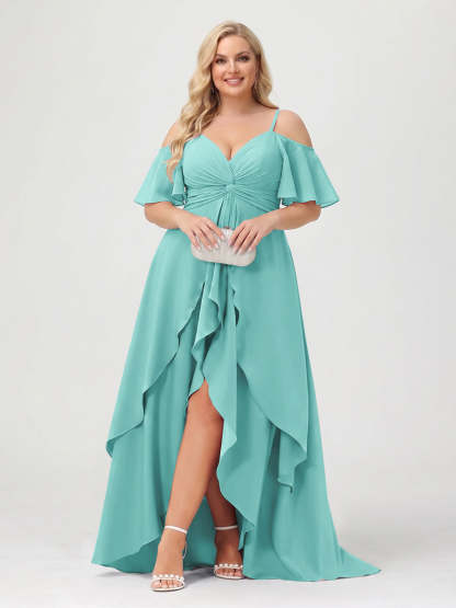 A-Line/Princess Spaghetti Straps Half Sleeves V-Neck Plus Size Bridesmaid Dresses With Ruffles