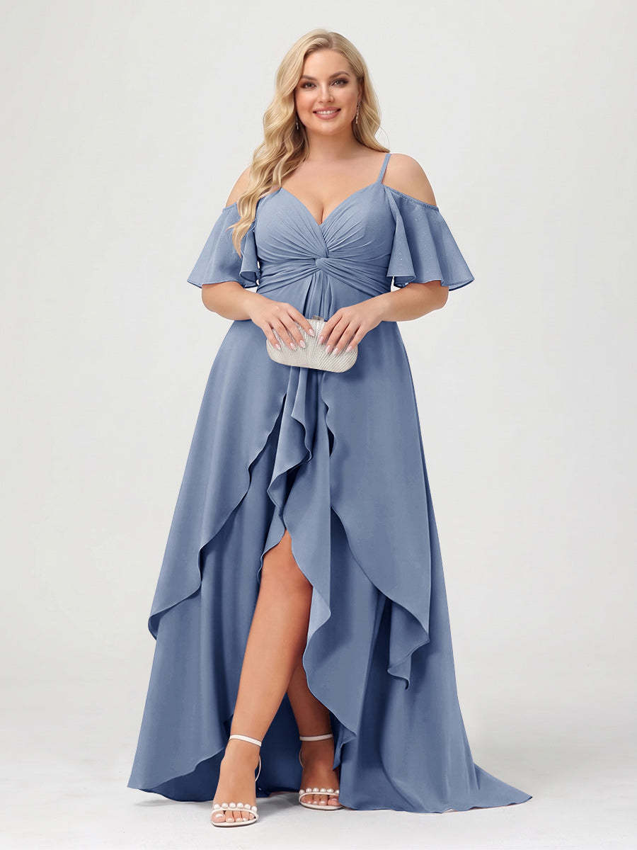 A-Line/Princess Spaghetti Straps Half Sleeves V-Neck Plus Size Bridesmaid Dresses With Ruffles