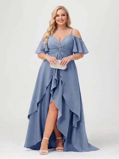 A-Line/Princess Spaghetti Straps Half Sleeves V-Neck Plus Size Bridesmaid Dresses With Ruffles