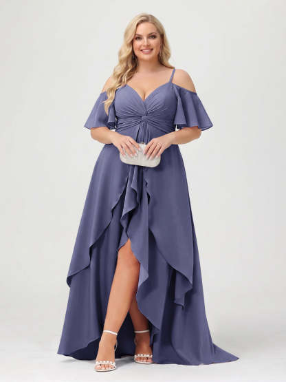 A-Line/Princess Spaghetti Straps Half Sleeves V-Neck Plus Size Bridesmaid Dresses With Ruffles