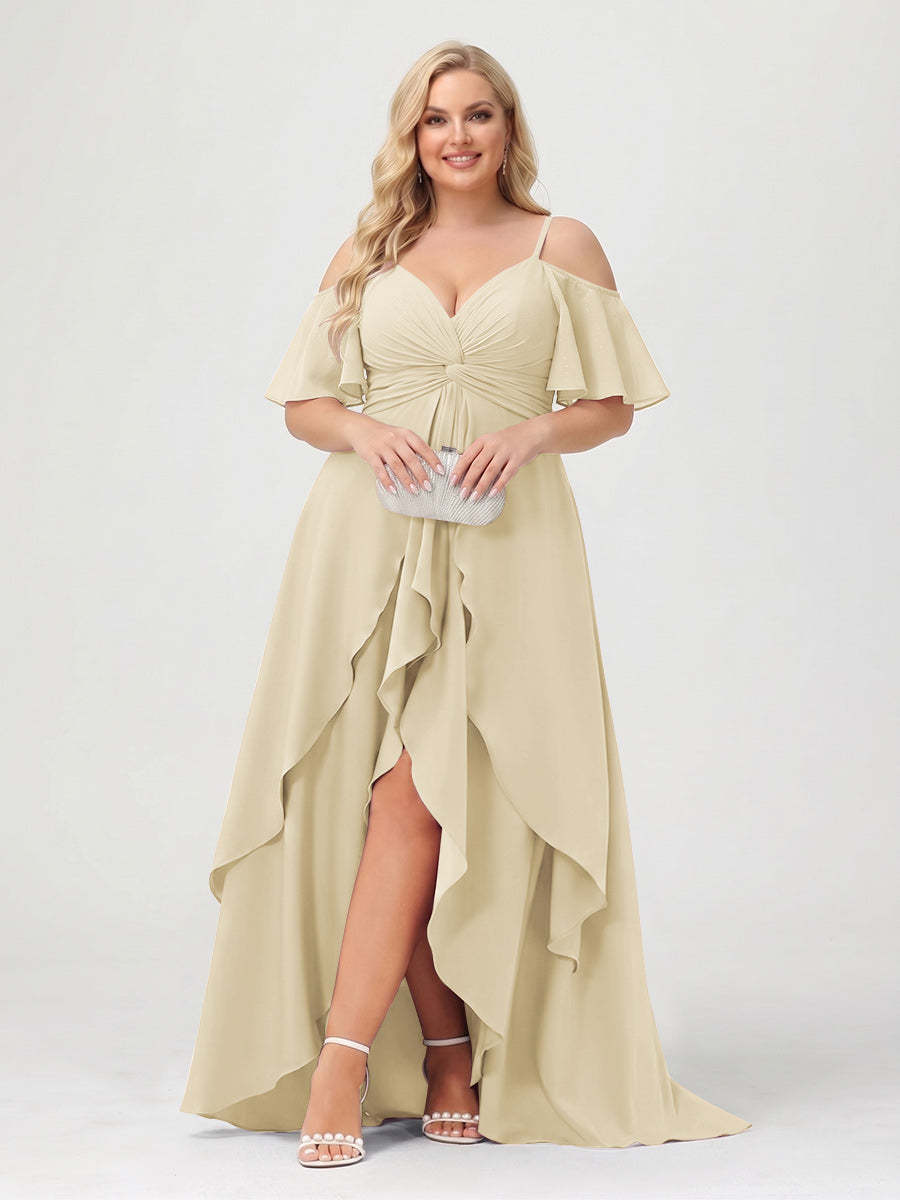 A-Line/Princess Spaghetti Straps Half Sleeves V-Neck Plus Size Bridesmaid Dresses With Ruffles