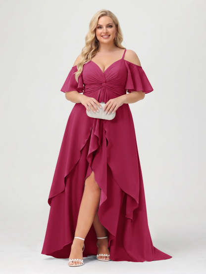 A-Line/Princess Spaghetti Straps Half Sleeves V-Neck Plus Size Bridesmaid Dresses With Ruffles
