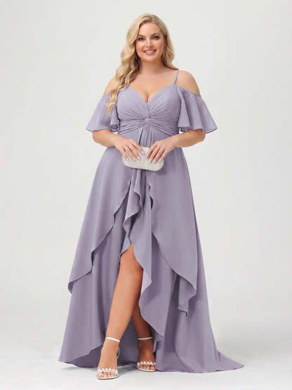 A-Line/Princess Spaghetti Straps Half Sleeves V-Neck Plus Size Bridesmaid Dresses With Ruffles