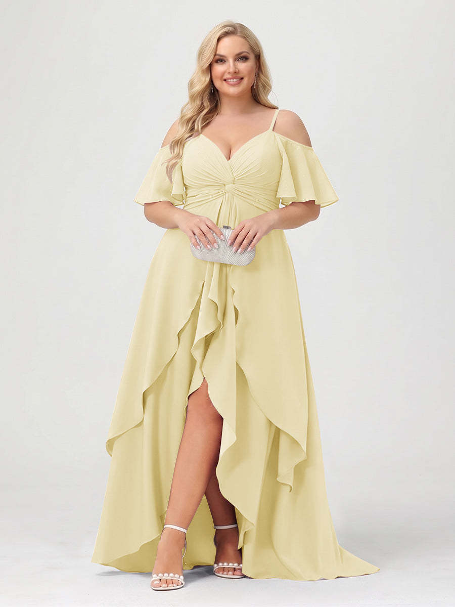 A-Line/Princess Spaghetti Straps Half Sleeves V-Neck Plus Size Bridesmaid Dresses With Ruffles