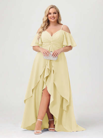 A-Line/Princess Spaghetti Straps Half Sleeves V-Neck Plus Size Bridesmaid Dresses With Ruffles