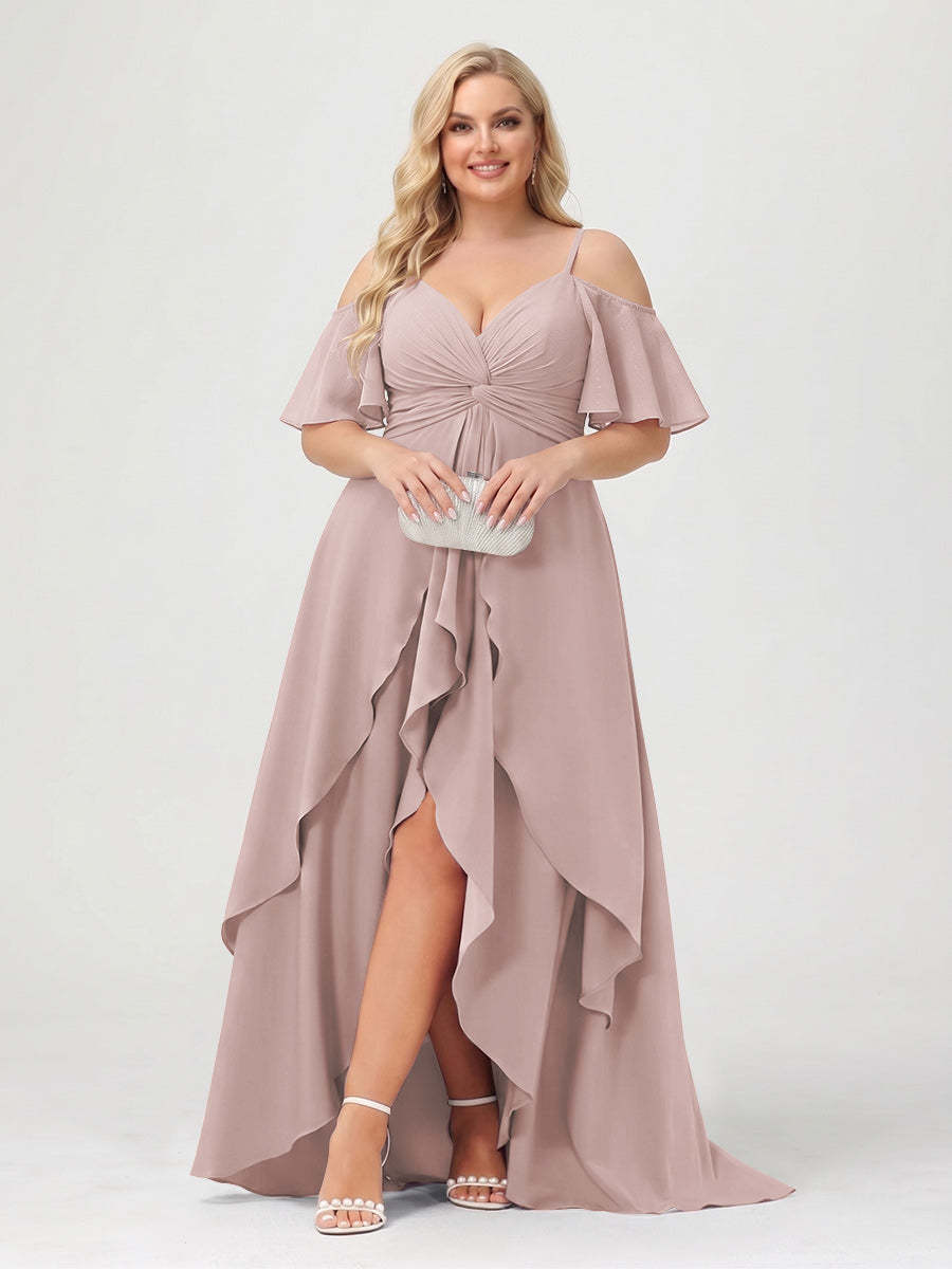 A-Line/Princess Spaghetti Straps Half Sleeves V-Neck Plus Size Bridesmaid Dresses With Ruffles