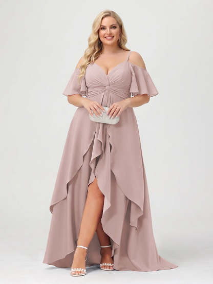 A-Line/Princess Spaghetti Straps Half Sleeves V-Neck Plus Size Bridesmaid Dresses With Ruffles