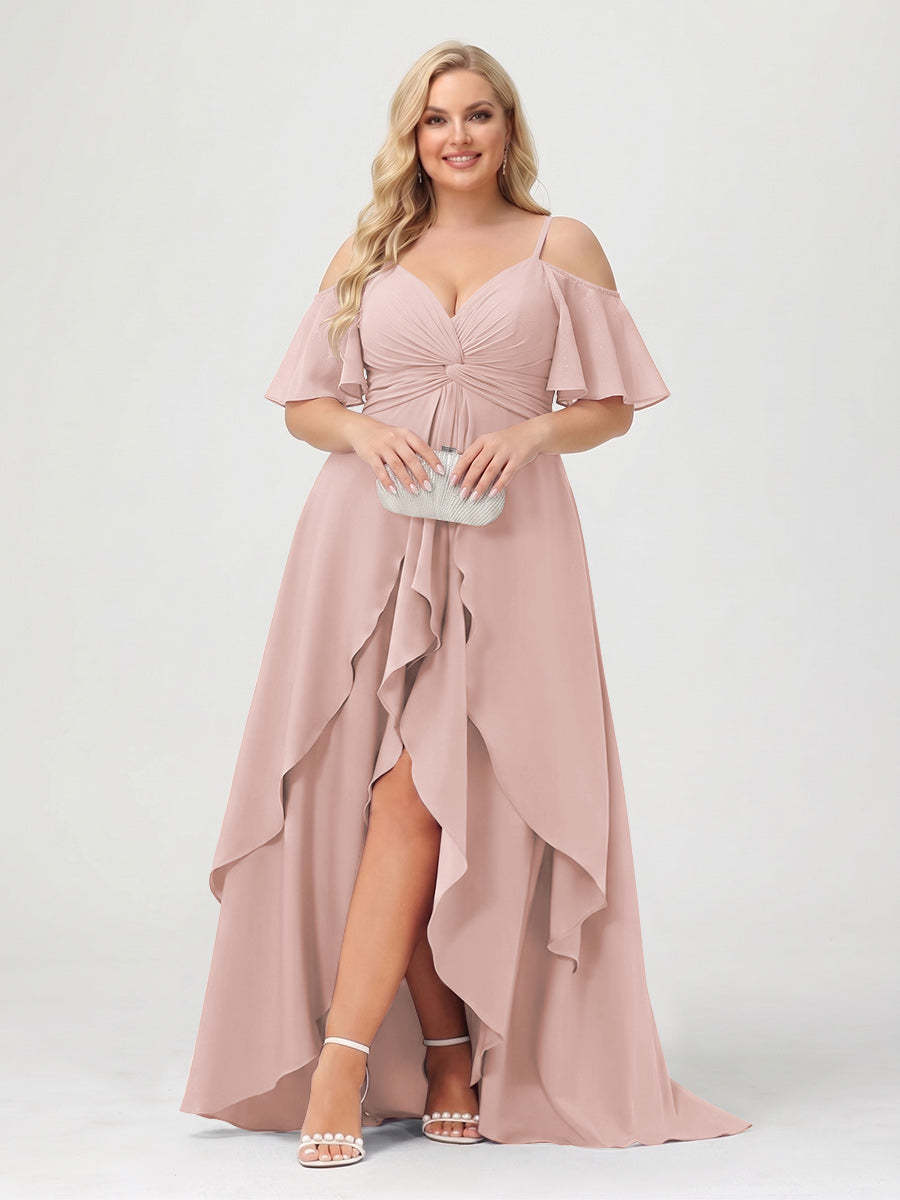 A-Line/Princess Spaghetti Straps Half Sleeves V-Neck Plus Size Bridesmaid Dresses With Ruffles