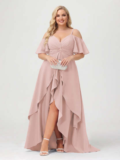A-Line/Princess Spaghetti Straps Half Sleeves V-Neck Plus Size Bridesmaid Dresses With Ruffles