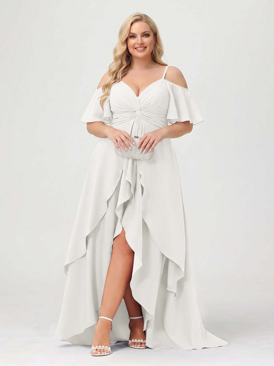 A-Line/Princess Spaghetti Straps Half Sleeves V-Neck Plus Size Bridesmaid Dresses With Ruffles