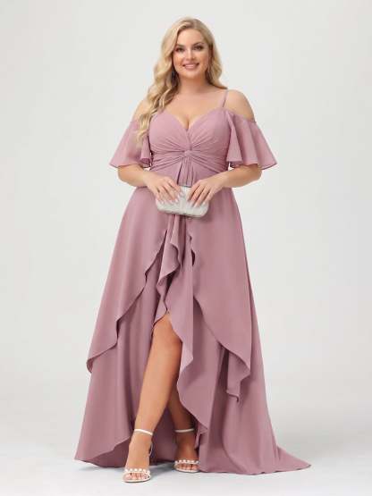 A-Line/Princess Spaghetti Straps Half Sleeves V-Neck Plus Size Bridesmaid Dresses With Ruffles