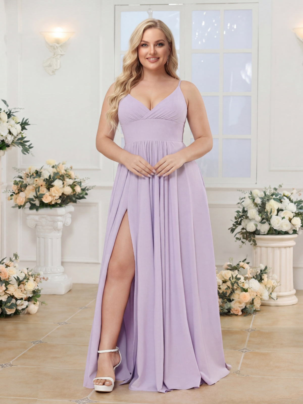 A-Line/Princess Spaghetti Straps Long Plus Size Wedding Party Dresses with Split Side