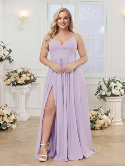 A-Line/Princess Spaghetti Straps Long Plus Size Wedding Party Dresses with Split Side