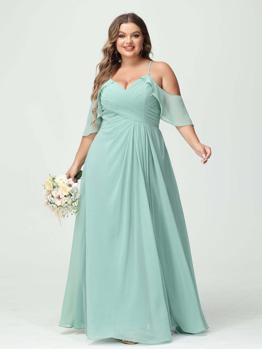 A-Line/Princess Spaghetti Straps Short Sleeves Chiffon Ruched Split Side Plus Size Bridesmaid Dresses with Pockets