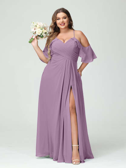 A-Line/Princess Spaghetti Straps Short Sleeves Chiffon Ruched Split Side Plus Size Bridesmaid Dresses with Pockets
