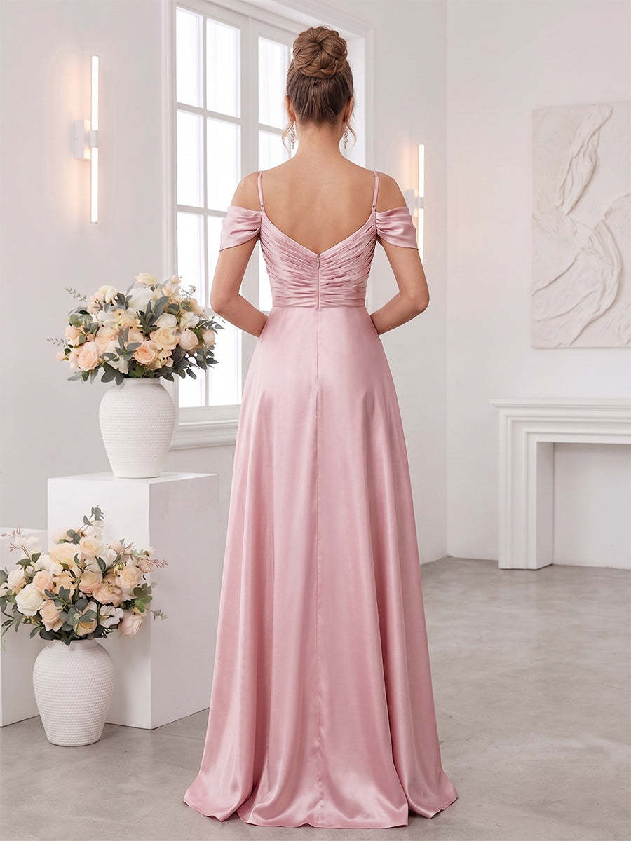 A-Line/Princess Spaghetti Straps Short Sleeves Floor-Length Bridesmaid Dresses with Ruched