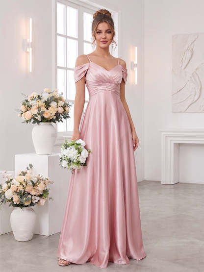A-Line/Princess Spaghetti Straps Short Sleeves Floor-Length Bridesmaid Dresses with Ruched