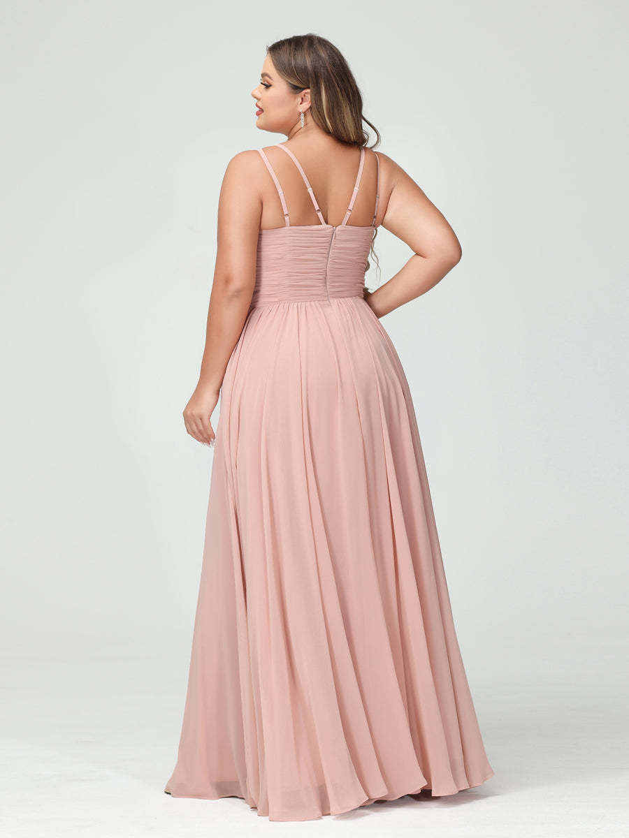 A-Line/Princess Spaghetti Straps Sleeveless Chiffon Ruched Plus Size Bridesmaid Dresses with Pockets