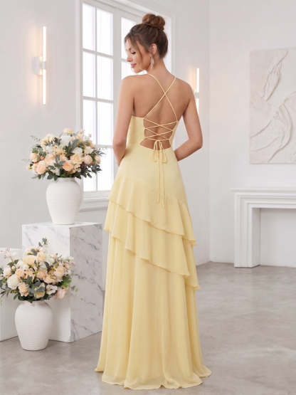 A-Line/Princess Spaghetti Straps Sleeveless Floor-Length Bridesmaid Dresses with Ruffles