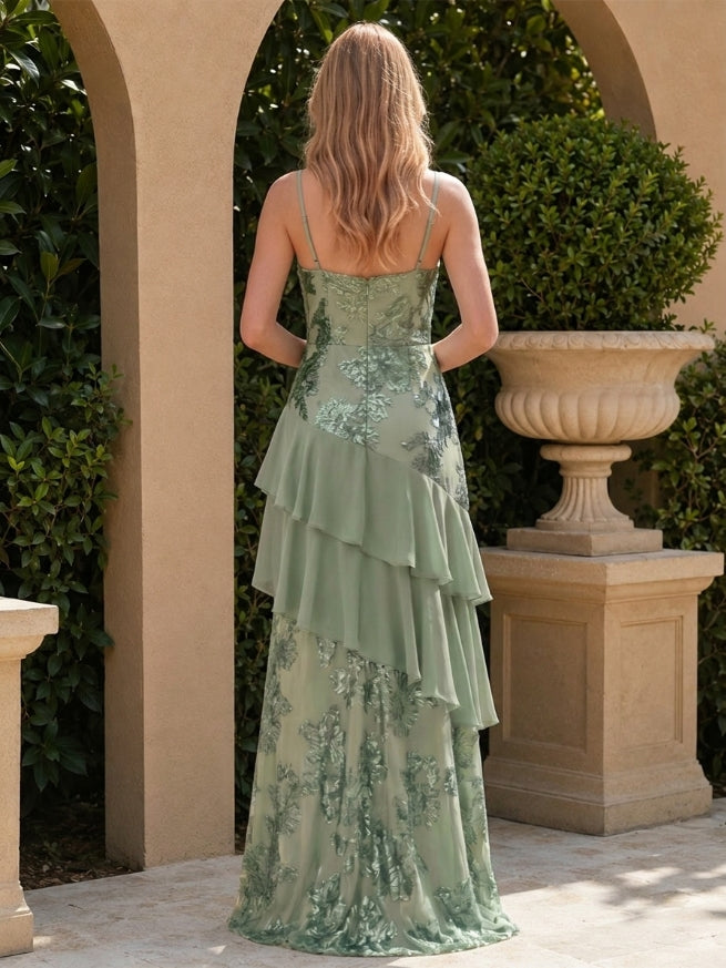 A-Line/Princess Spaghetti Straps Sleeveless Floor-Length Bridesmaid Dresses with Ruffles & Applique