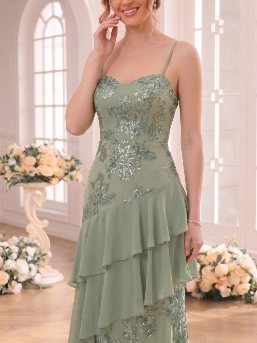 A-Line/Princess Spaghetti Straps Sleeveless Floor-Length Bridesmaid Dresses with Ruffles & Applique