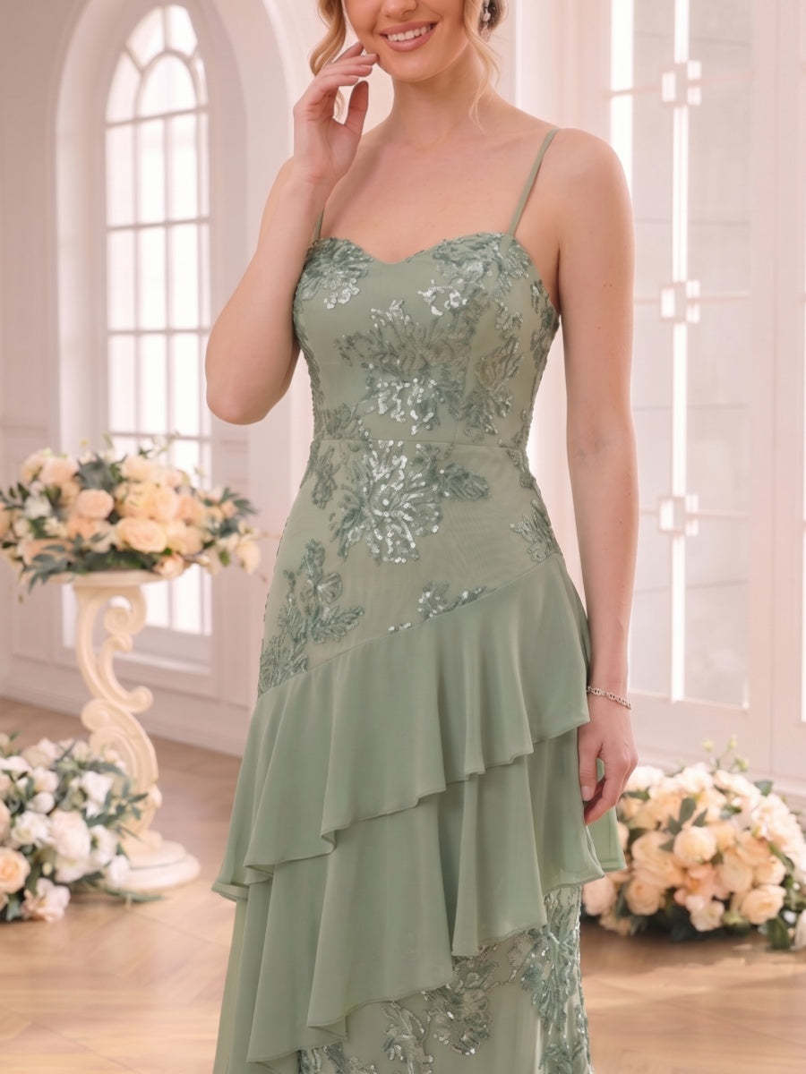A-Line/Princess Spaghetti Straps Sleeveless Floor-Length Bridesmaid Dresses with Ruffles & Applique