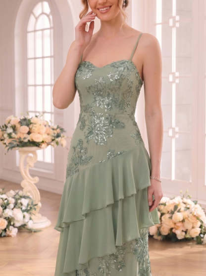 A-Line/Princess Spaghetti Straps Sleeveless Floor-Length Bridesmaid Dresses with Ruffles & Applique