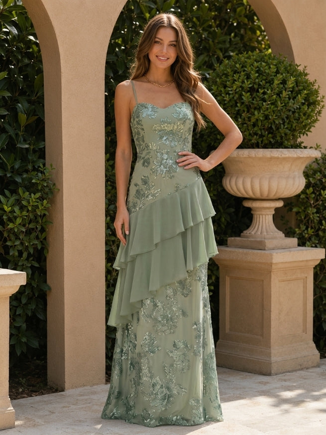A-Line/Princess Spaghetti Straps Sleeveless Floor-Length Bridesmaid Dresses with Ruffles & Applique