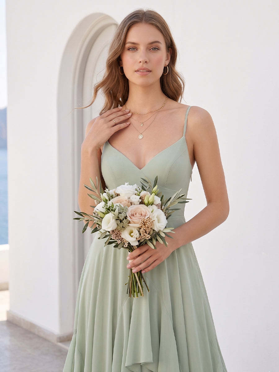 A-Line/Princess Spaghetti Straps Sleeveless Floor-Length Long Bridesmaid Dresses with Ruffles