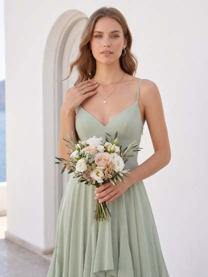 A-Line/Princess Spaghetti Straps Sleeveless Floor-Length Long Bridesmaid Dresses with Ruffles