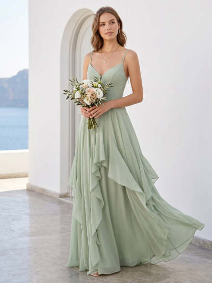 A-Line/Princess Spaghetti Straps Sleeveless Floor-Length Long Bridesmaid Dresses with Ruffles