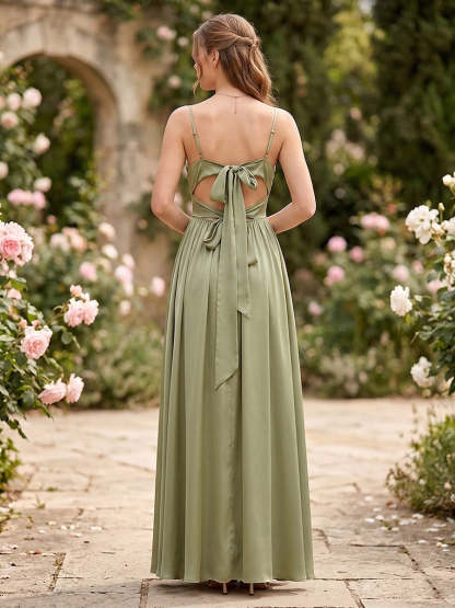 A-Line/Princess Spaghetti Straps Sleeveless Floor-Length Ruched Bridesmaid Dresses with Split Side