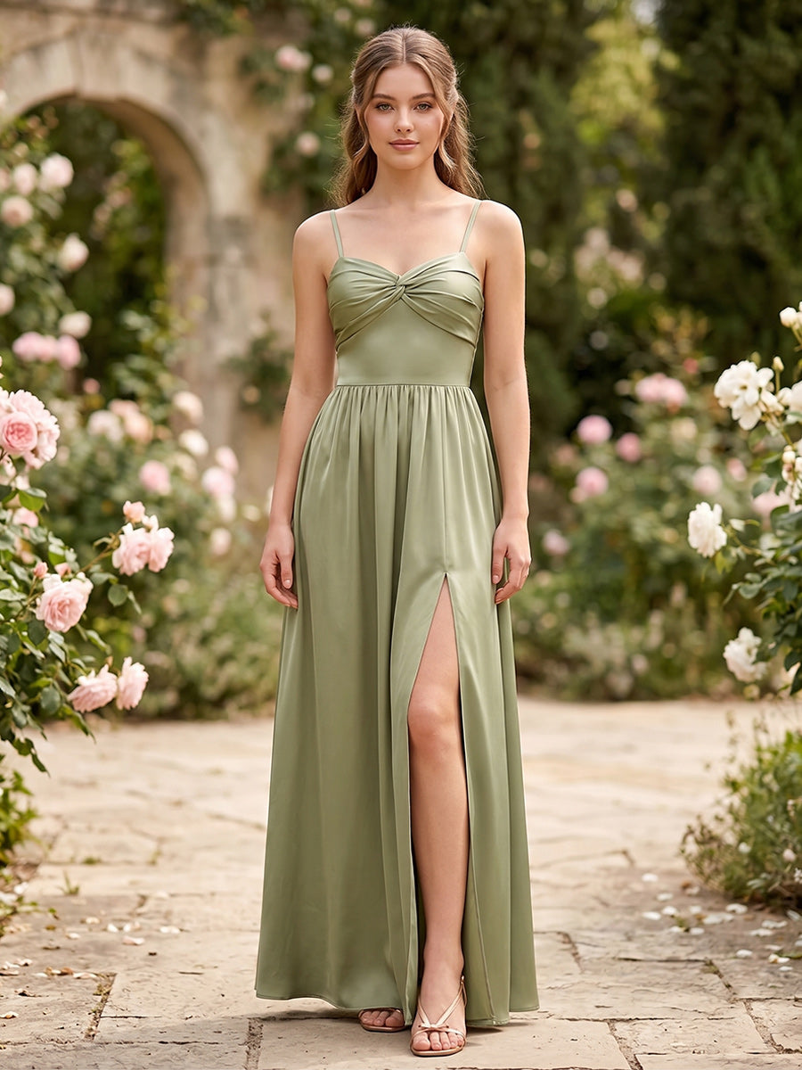 A-Line/Princess Spaghetti Straps Sleeveless Floor-Length Ruched Bridesmaid Dresses with Split Side