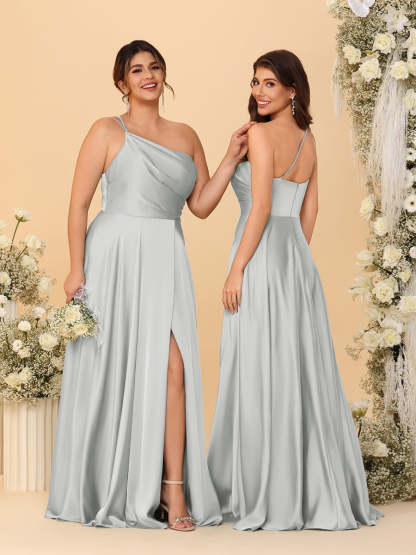 A-Line/Princess Spaghetti Straps Sleeveless Long Ruched Bridesmaid Dresses With Split Side