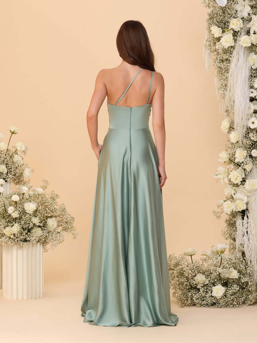 A-Line/Princess Spaghetti Straps Sleeveless Long Ruched Bridesmaid Dresses With Split Side