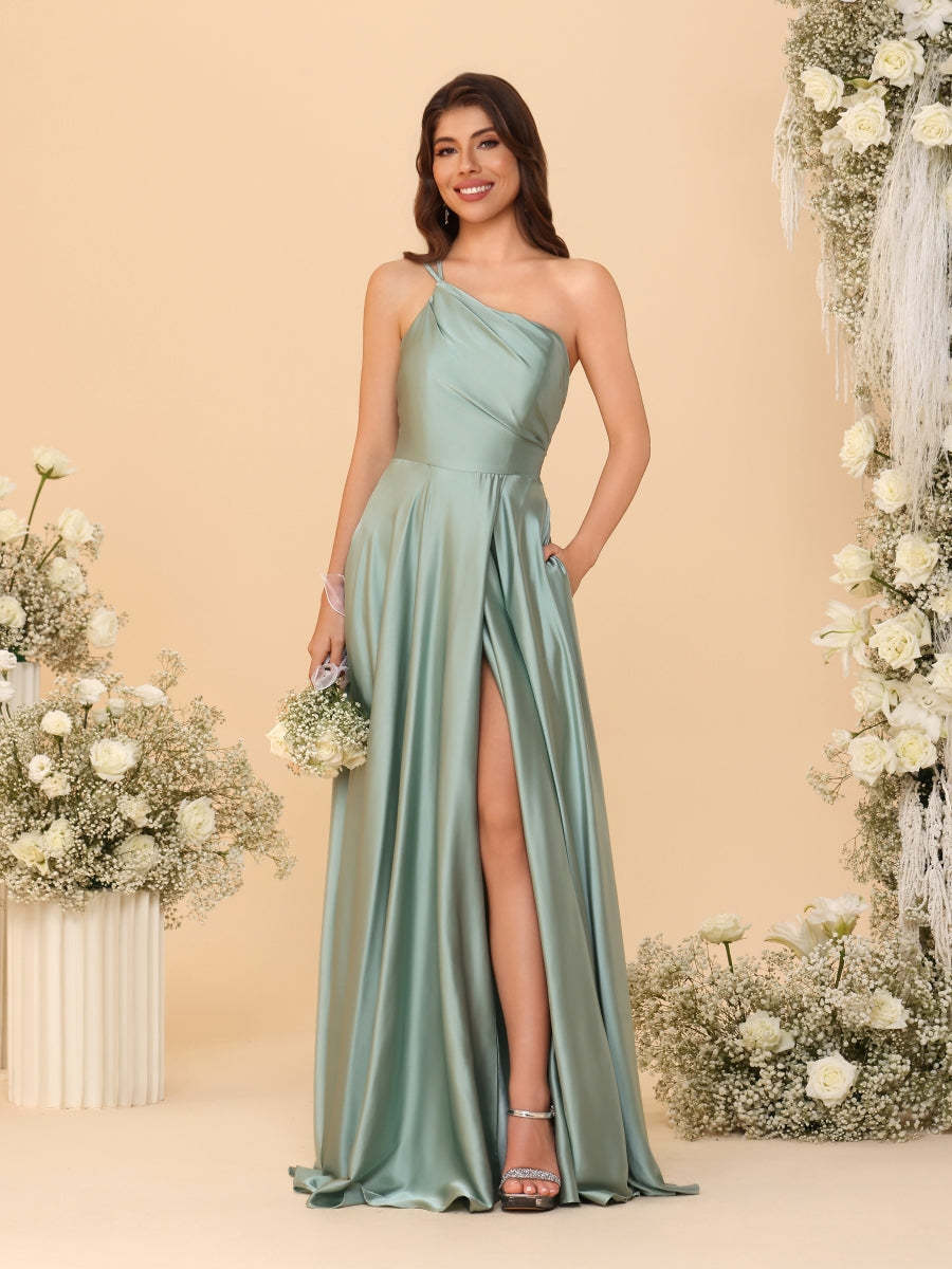 A-Line/Princess Spaghetti Straps Sleeveless Long Ruched Bridesmaid Dresses With Split Side