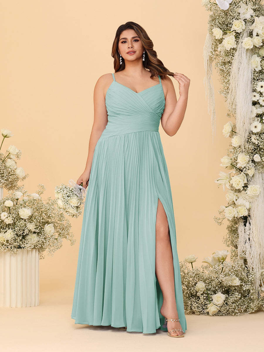 A-Line/Princess Spaghetti Straps Sleeveless Ruched Bridesmaid Dresses with Side Slit