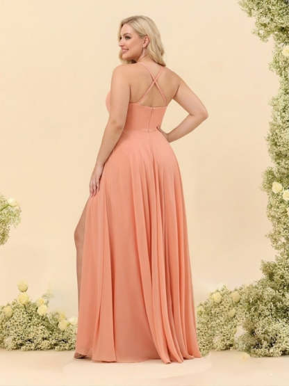 A-Line/Princess Spaghetti Straps V-Neck Long Plus Size Bridesmaid Dresses with Split Side & Ruffles